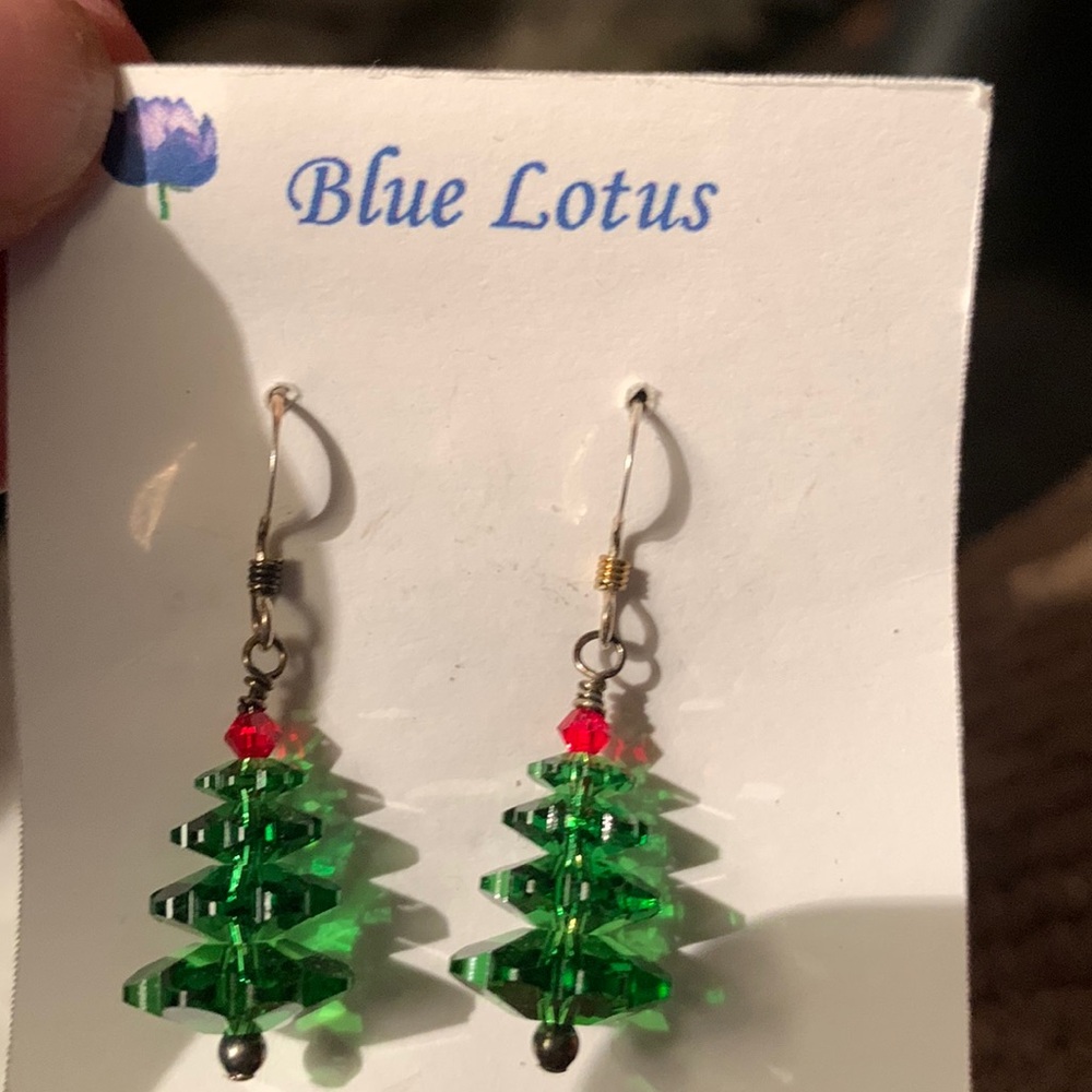 Blue Lotus Swarovski Christmas tree earrings